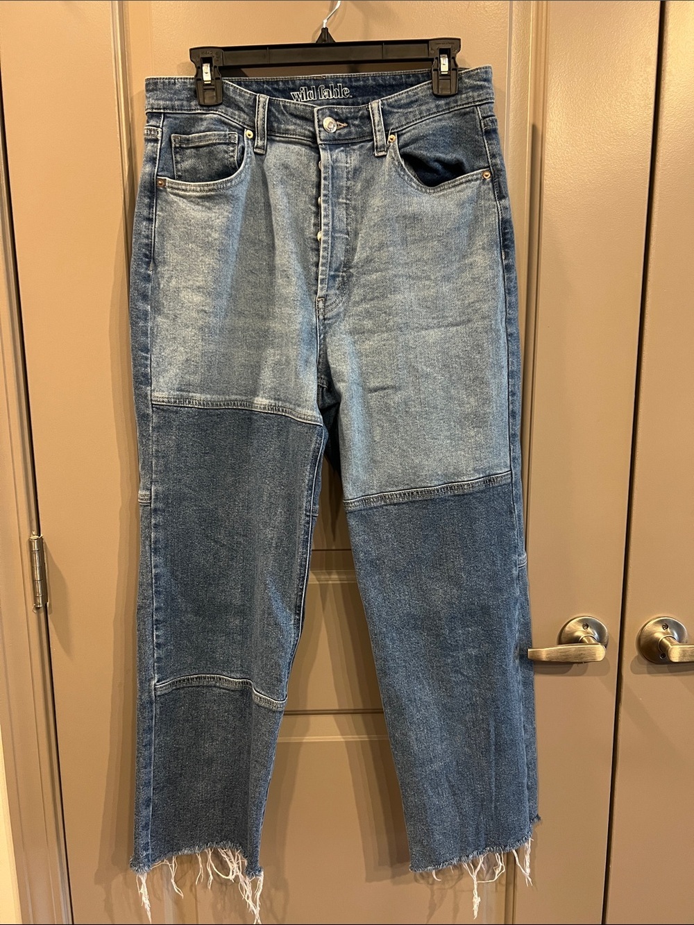 wild fable Two-Tone Patchwork High Rise Straight Frayed Hem Blue Denim Jeans 10